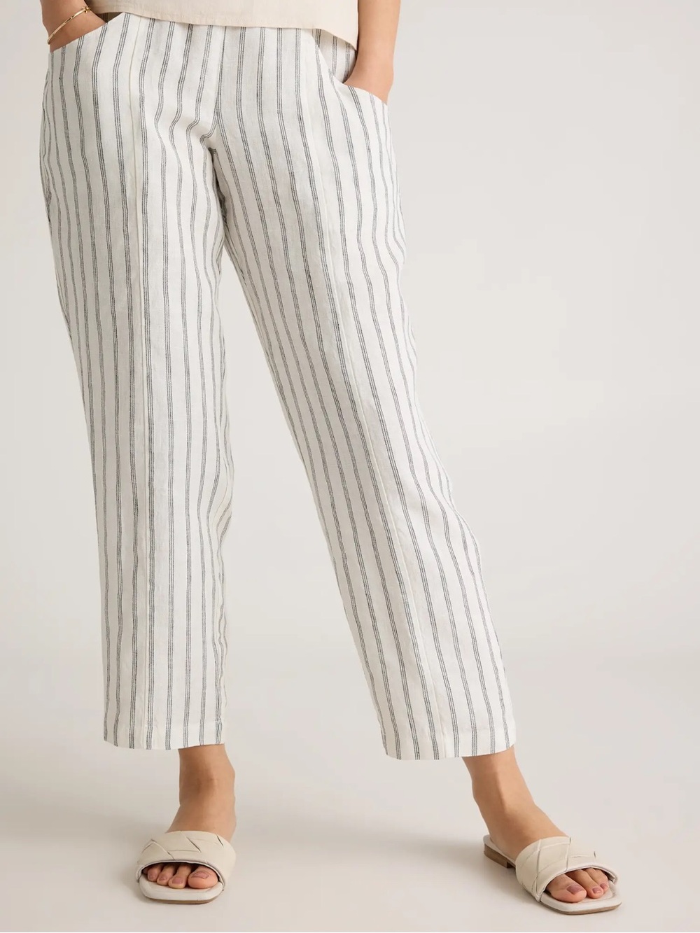 Quince White and Gray Striped Cropped Linen Pants